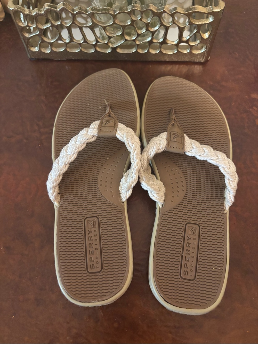 Sperry Parrotfish Taupe Flip Flops with Cream Braided Straps